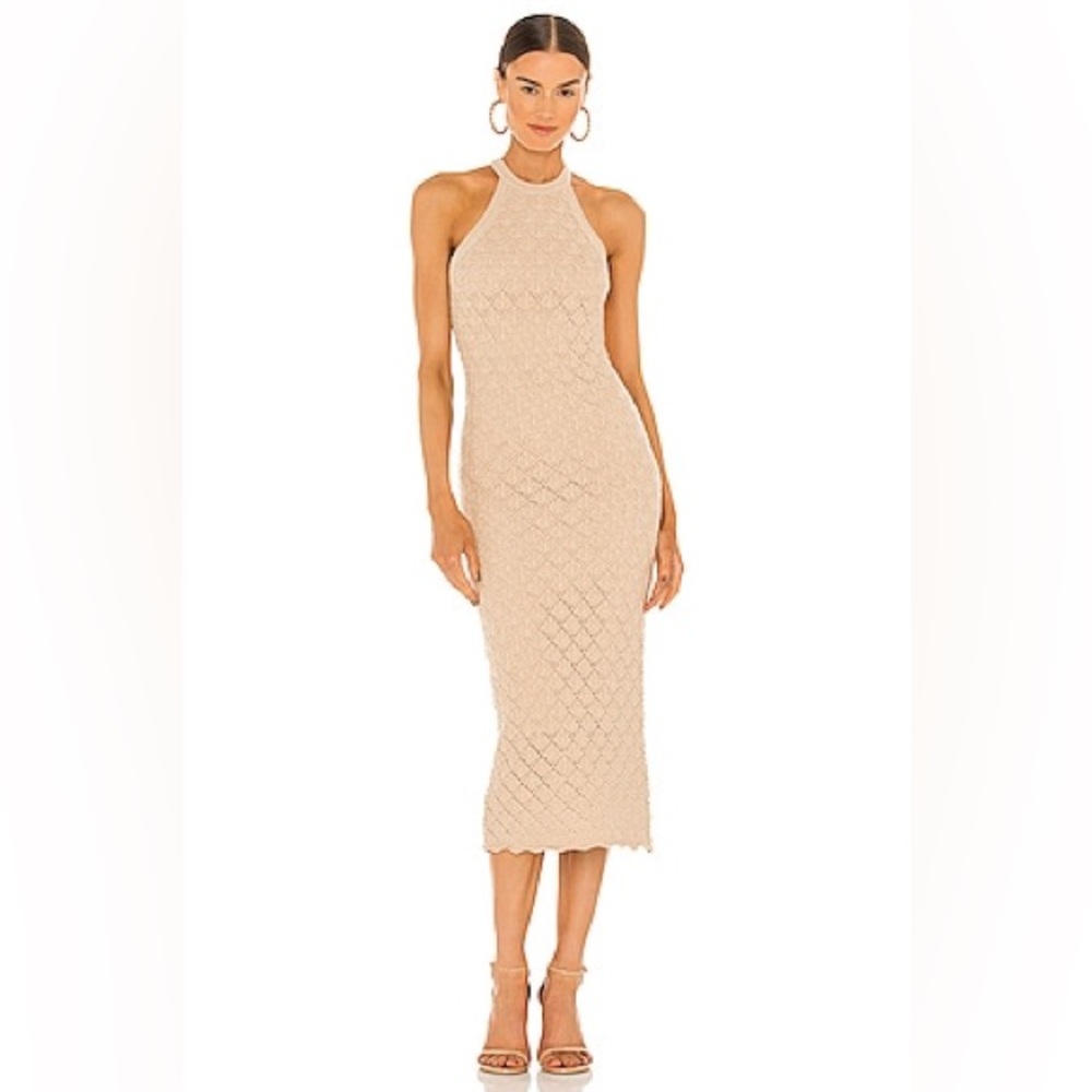 ALICE + OLIVIA LULU HALTER MIDI DRESS SIZE LARGE COLOR: SAND